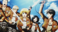 Eren with his squad at the Battle of Trost