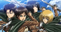 Eren, Armin, Mikasa, and Levi