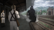 A train carrying returning troops arriving at Liberio's train station