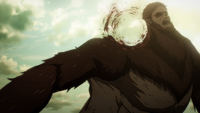 The Beast Titan is shot by the anti-Titan artillery gun