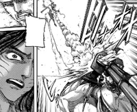 Pieck is hit by a Thunder Spear, destroying the artillery cannon