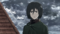 Mikasa arrives to find cadets who have not retreated yet