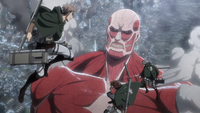 Sasha, Jean, and Conny try distracting the Colossal Titan