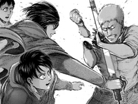 Bertolt watches Mikasa cut Reiner