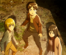 Armin, Eren, and Mikasa see the Colossus Titan