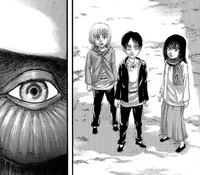 Young Eren, Mikasa, and Armin see the Colossus Titan