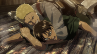 Reiner chokes Eren to subdue him