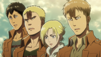 Bertholdt and his comrades watching Eren