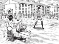 The Shiganshina trio are surrounded by Garrison soldiers