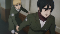 Mikasa goes to eavesdrop on the military meeting