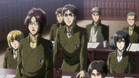 Mikasa is startled by Eren in the middle of a military meeting