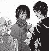 Eren and Historia speak as Mikasa glares