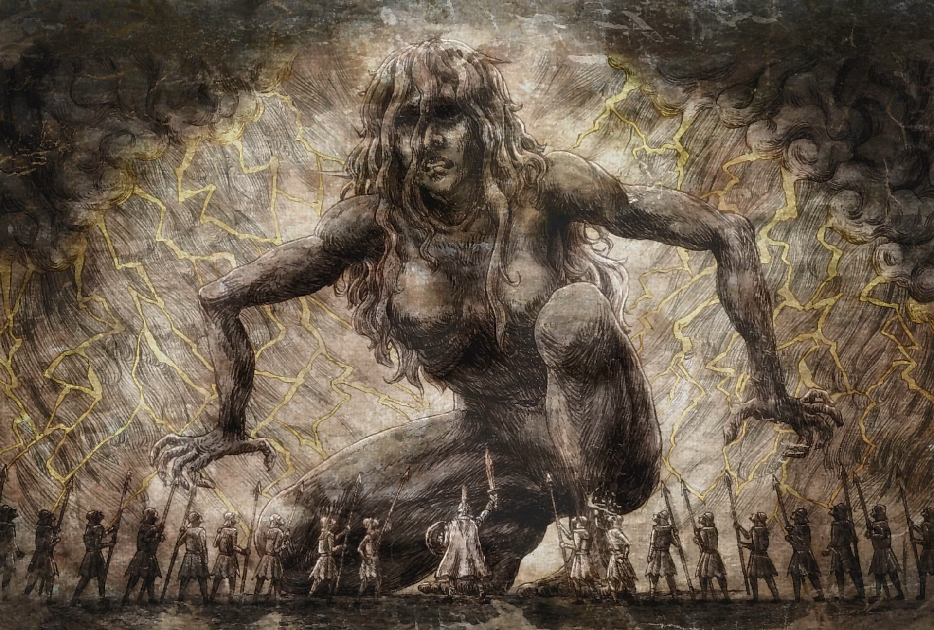 titan, ymir fritz, and founding titan (shingeki no kyojin) drawn