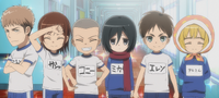 Jean, Sasha, Connie, Mikasa, Eren and Armin after cleaning