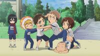 Sasha tries to stop a fighting Jean and Eren