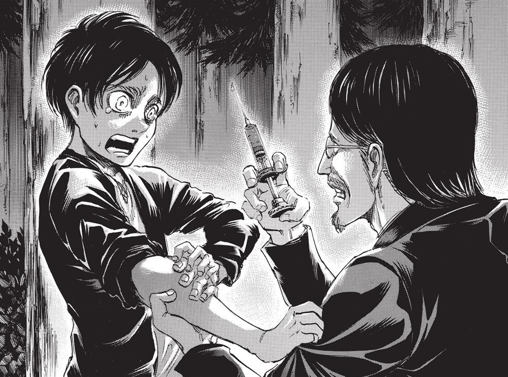 Eren's dad, Grisha Jaeger injecting him with Titan serum as a child