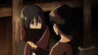 Eren dons his red scarf on Mikasa