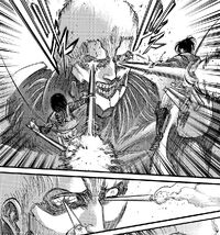 Mikasa and Hange attack Reiner with the Thunder Spears