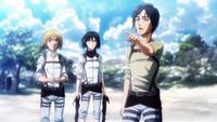 Armin with Eren and Mikasa at the sea