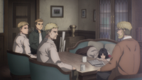 Reiner meets with the Warriors in Zeke's room