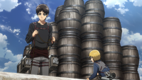 Armin helps make a net for gunpowder barrels