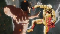 Eren breaks free of Reiner by transforming into a Titan