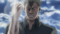 Reiner removes his sling to heal his wound in front of Eren
