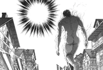 Eren approaching Reiner as the latter transforms to fight him