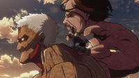 Reiner escapes, carrying Bertholdt, Eren, and Ymir