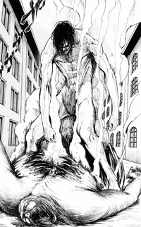 Eren bursts out of the Bearded Titan's body