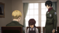 Gabi sits with Mikasa and Armin