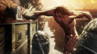 Eren in Titan form attacks Mikasa