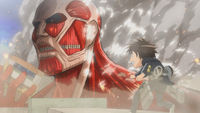 Eren faces the Colossal Titan