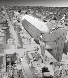 The Survey Corps' airship flies over Liberio (1)