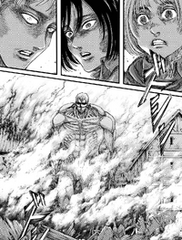 Armin, Jean and Mikasa observe the Armored Titan rising again