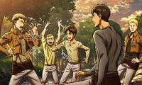 Eren plays in water with his comrades