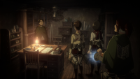 Levi, Eren, Mikasa, and Hange arrive in the basement