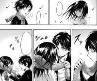 Eren gives his scarf to Mikasa