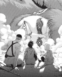 The Beast Titan falls in front of Falco, Gabi, and Magath