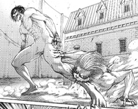 Galliard attempts to stop Eren from reaching Zeke