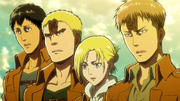 Bertolt, Reiner, Annie et Jean témoins du saccage d'Eren