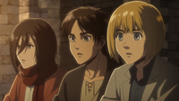 Eren, Mikasa, and Armin see a soldier