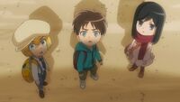 Armin, Eren and Mikasa see the Colossal Titan