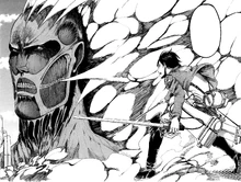 Eren faccia a faccia con il Gigante Colossale, sulla cima della parete del Wall Rose