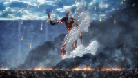 The Colossal Titan throws around fiery debris