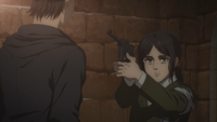 Pieck holds Eren at gunpoint