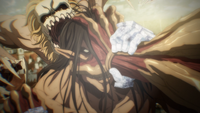 Reiner grabs Eren to immobilize him for Galliard