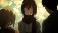 Eren and Historia are confronted by Mikasa