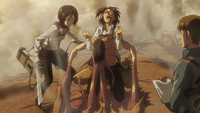 Mikasa watches as Hange tries to pull Eren out of his Titan