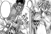 Levi shoves his sword through Zeke's head